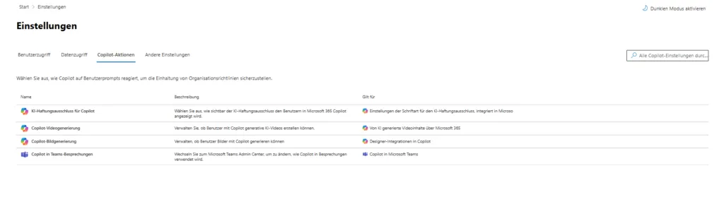 Einstellungen | Copilot-Aktionen