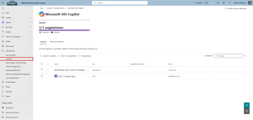 Microsoft 365 Admin Center Ansicht zur Überprüfung der Copilot Lizenzzuweisungen und Servicepläne.