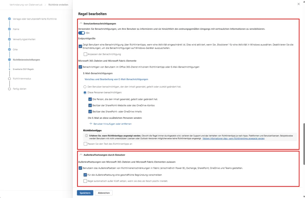 Microsoft Purview DLP - Orte - Regel bearbeiten