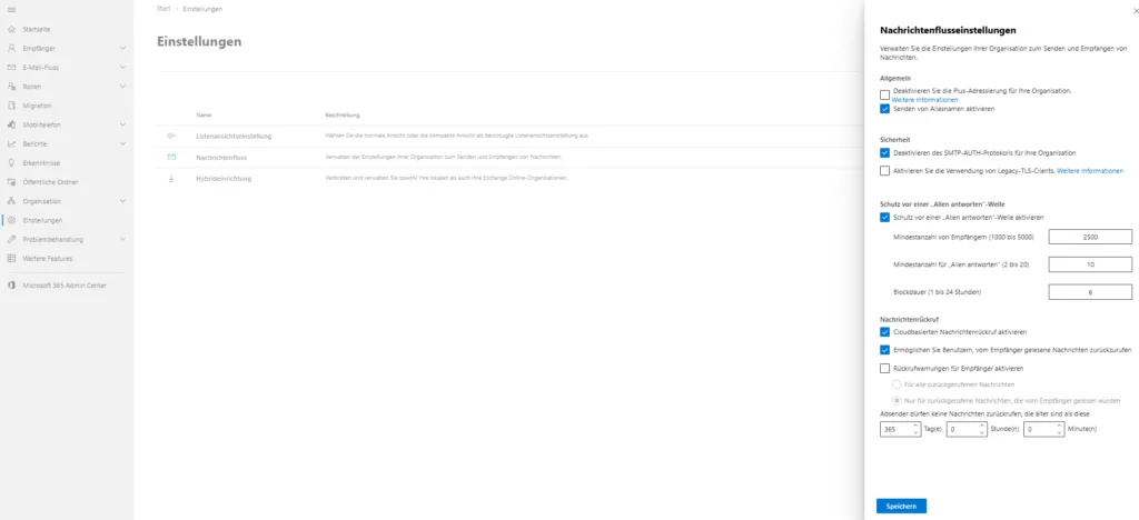 Sicherheitseinstellungen im Exchange Nachrichtenfluss: SMTP-AUTH deaktivieren und Legacy-TLS blockieren.