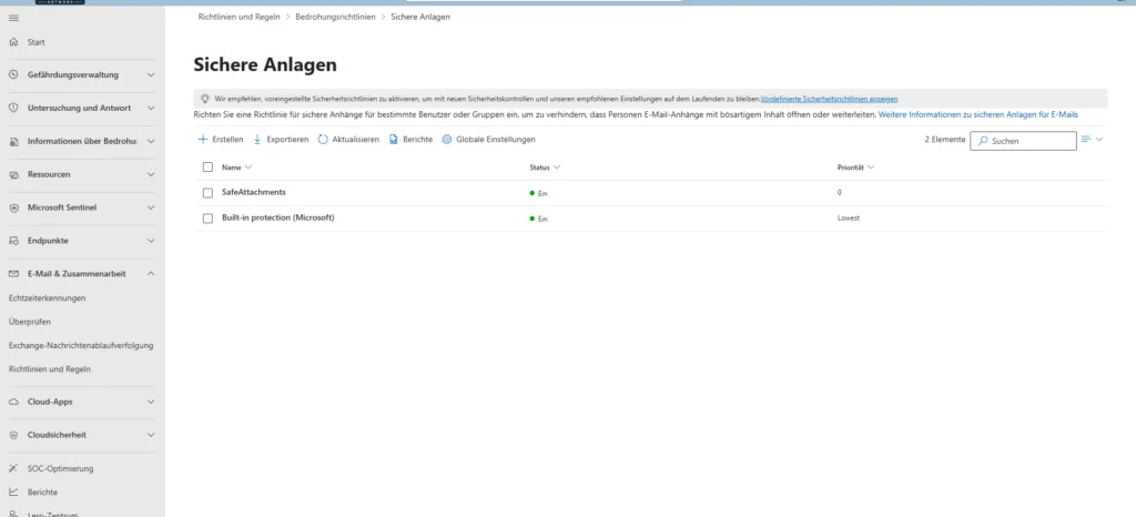 Microsoft Defender Portal Übersicht der Bedrohungsrichtlinien für Anti-Spam, Malware und DKIM.