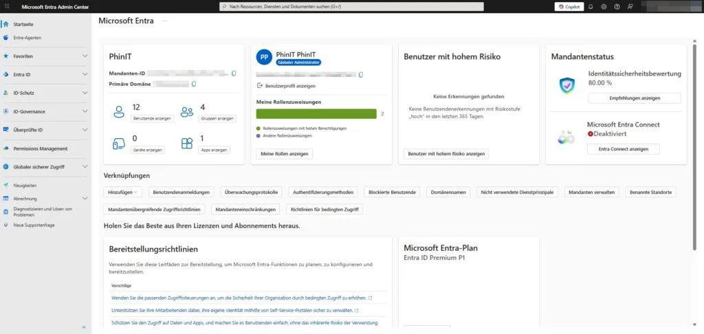 Dashboard des Microsoft Entra Admin Centers mit Übersicht der Identitäten und Sicherheitsstatus