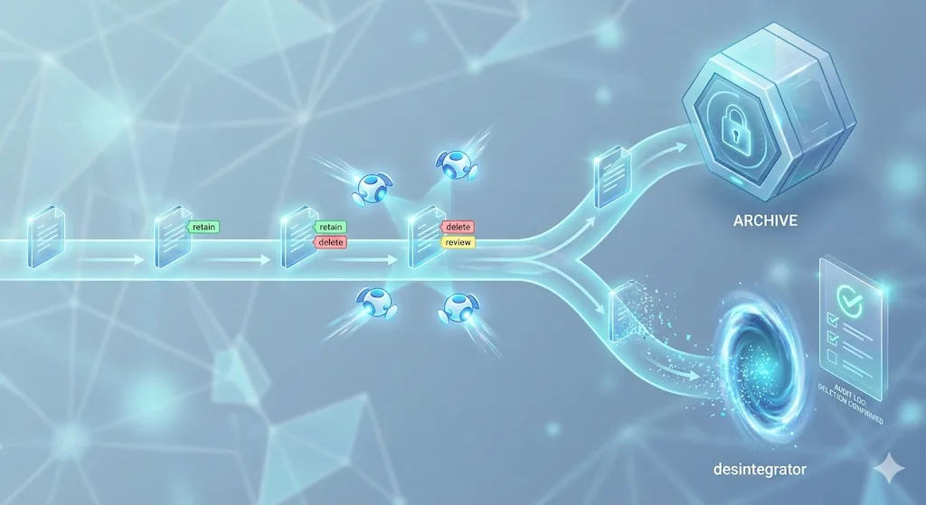 Datenfluss-Diagramm: KI-Bots klassifizieren Dokumente zur automatischen Archivierung oder revisionssicheren Löschung.