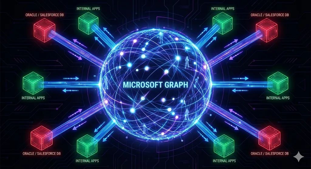Visualisierung des Microsoft Graph als zentraler Knotenpunkt mit bidirektionalen Verbindungen zu externen und internen Systemen.