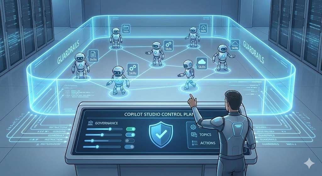 Illustration der "Copilot Studio Control Plane", wo ein Administrator Governance-Leitplanken für KI-Agenten-Roboter definiert.