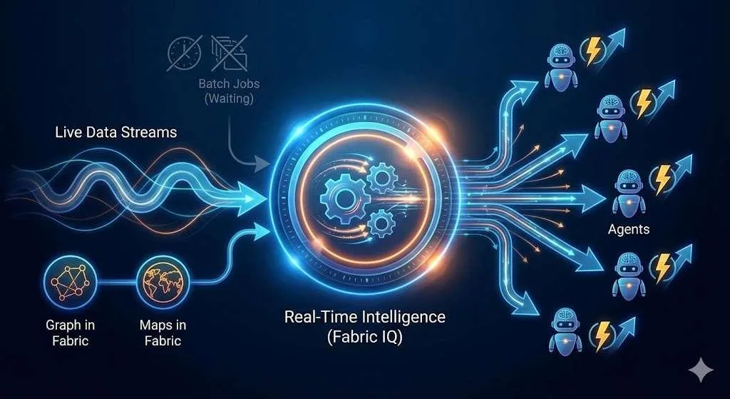 Darstellung von "Real-Time Intelligence (Fabric IQ)", die Live-Datenströme direkt an Agenten leitet, statt auf Batch-Jobs zu warten.