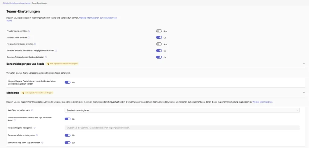 Globale Teams-Einstellungen für private Teams, freigegebene Kanäle und Tagging-Optionen.