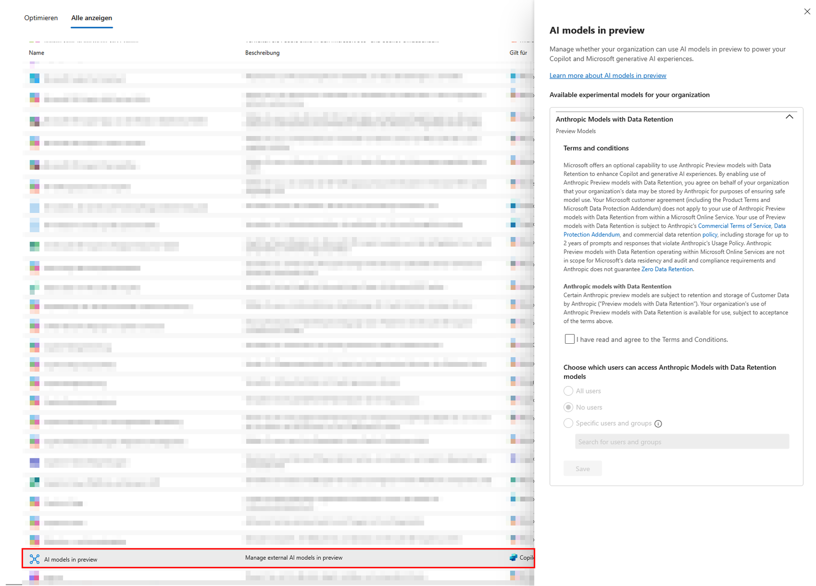 Copilot-Optionen. Hier befindet sich der Schalter für experimentelle Funktionen und Preview-Modelle.