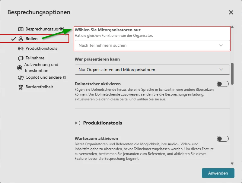 Meeting Optionen "Mitorganisator" im neuen Teams