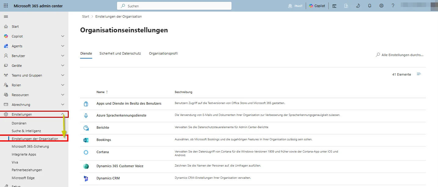 Architektur der Microsoft 365 Organisationseinstellungen im Admin Center