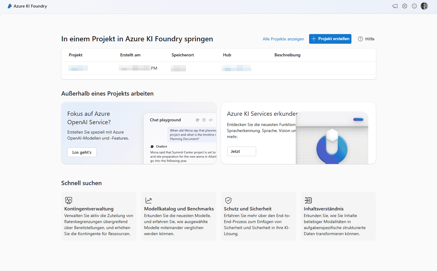 Sprungseite von Azure KI Foundry Services – "Dashboard-Ansicht der Azure KI Foundry Services mit Navigation zu Modellen und API-Schlüsseln