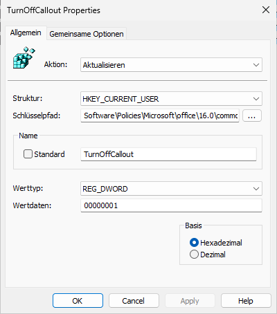 Windows Registry Editor shows the TurnOffCallout key to disable Copilot in Office