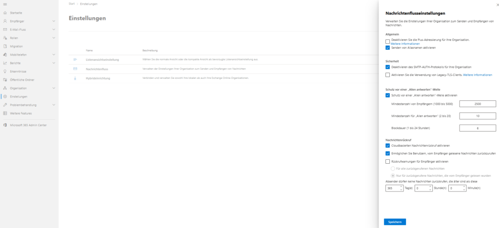 Security settings in Exchange mail flow: Disable SMTP AUTH and block legacy TLS.