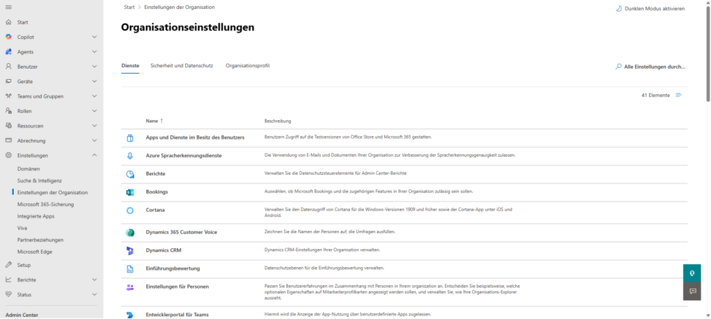 Microsoft 365 admin center | Organization Settings