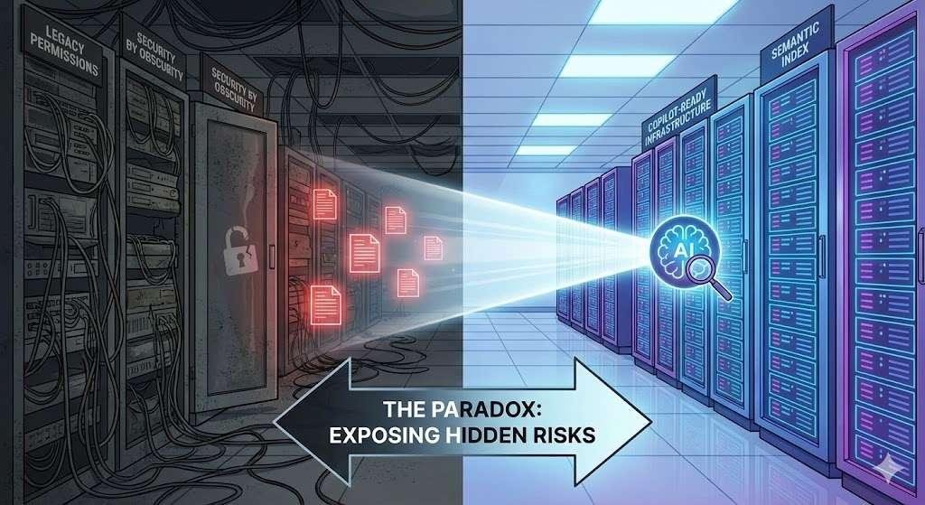 Vergleichsgrafik: Chaotischer Datenzustand vs. geordneter, gelabelter Zustand für Copilot.