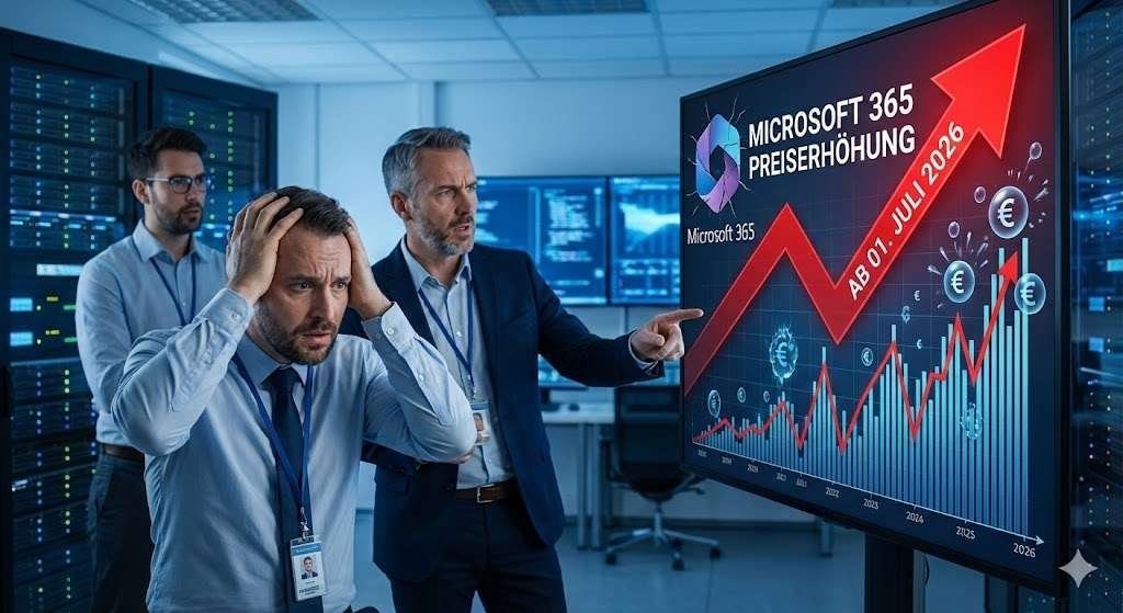 Digital screen shows a sharply rising graph titled 'Microsoft 365 Price Increase 2026' and Euro symbols.