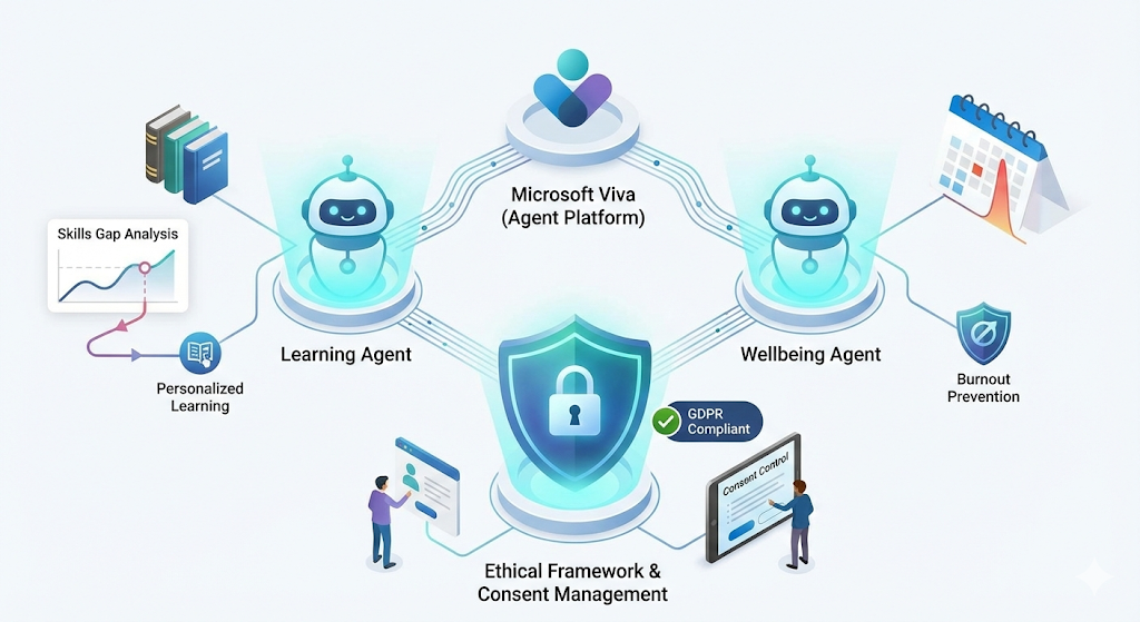 Presentation of the Microsoft Viva platform with learning and wellbeing agents, secured by an ethical framework and consent management.
