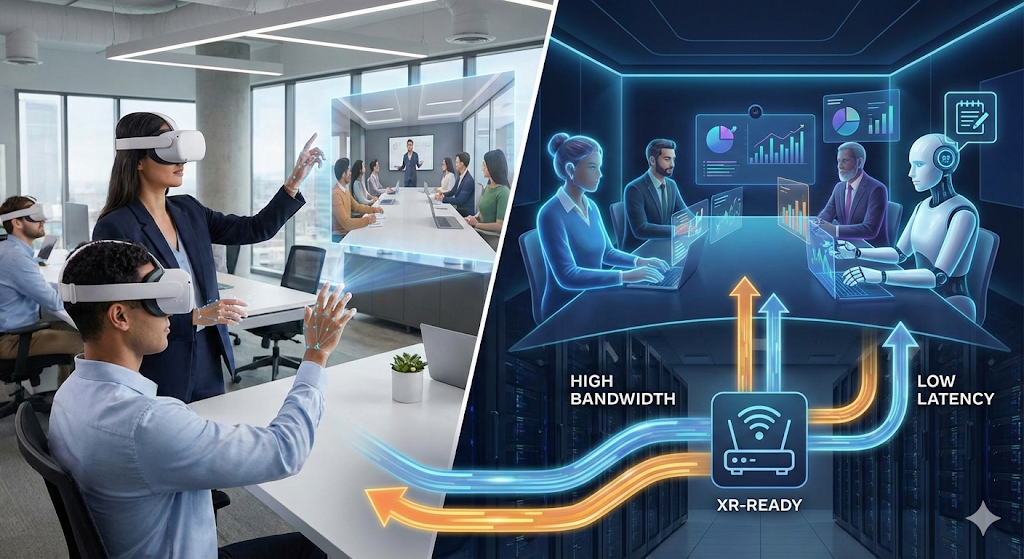 Split-screen: Office with VR users on the left, virtual AI meeting and XR-Ready network architecture on the right.