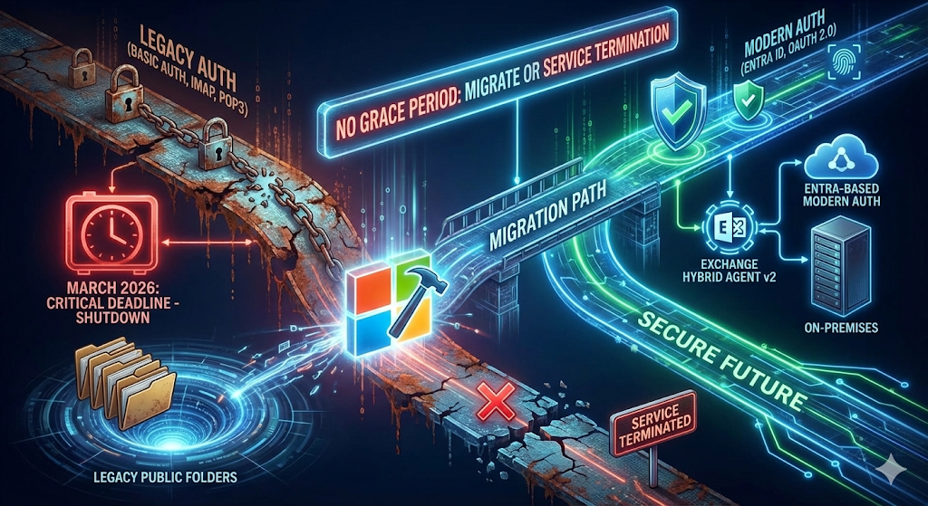Timeline visualization of the migration from legacy authentication to Modern Auth by March 2026.