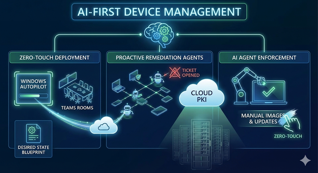Diagram of AI-driven device management: Zero-touch deployment, proactive troubleshooting, and automated configuration.