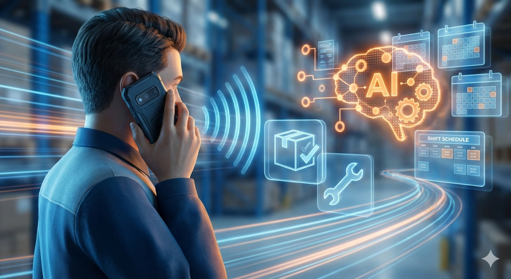 Field workers in the warehouse use voice AI on their smartphones for tasks and shift planning.