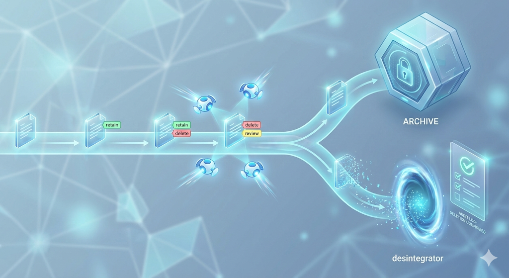 Data flow diagram: AI bots classify documents for automatic archiving or audit-proof deletion.