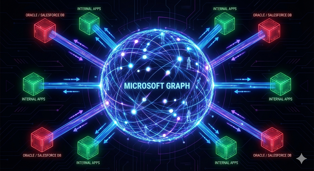 Visualization of the Microsoft Graph as a central node with bidirectional connections to external and internal systems.