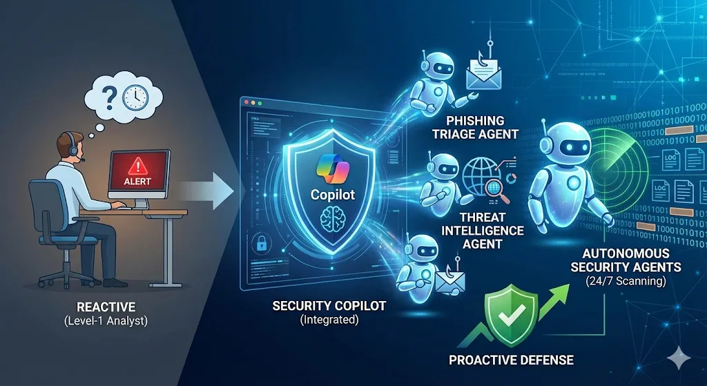 Wandel von reaktiver Sicherheit hin zu proaktiver Verteidigung mittels "Security Copilot" und autonomen Spezial-Agenten.