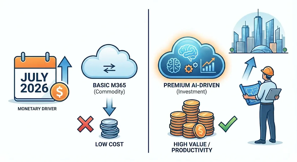 Schaubild zum "Juli 2026 Monetary Driver": Wandel von Basic M365 (Low Cost) zu Premium AI-Driven Investment (High Value).