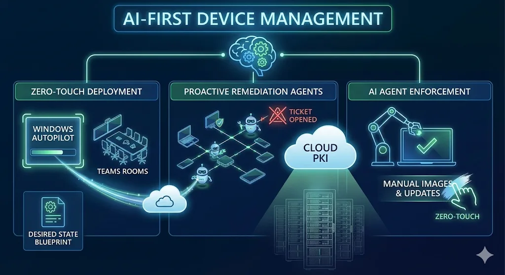 Diagramm des KI-gesteuerten Gerätemanagements: Zero-Touch-Deployment, proaktive Fehlerbehebung und automatisierte Konfiguration.