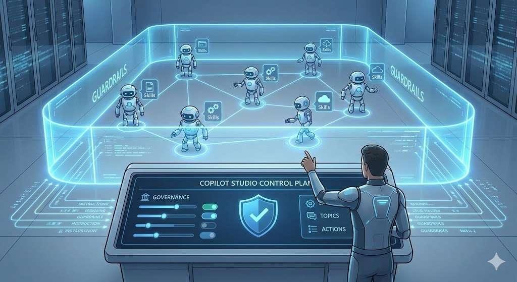 Illustration der "Copilot Studio Control Plane", wo ein Administrator Governance-Leitplanken für KI-Agenten-Roboter definiert.