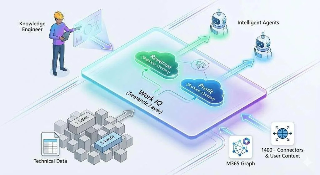 Illustration der "Work IQ (Semantic Layer)", die technische Daten in geschäftsrelevanten Kontext für intelligente Agenten umwandelt.