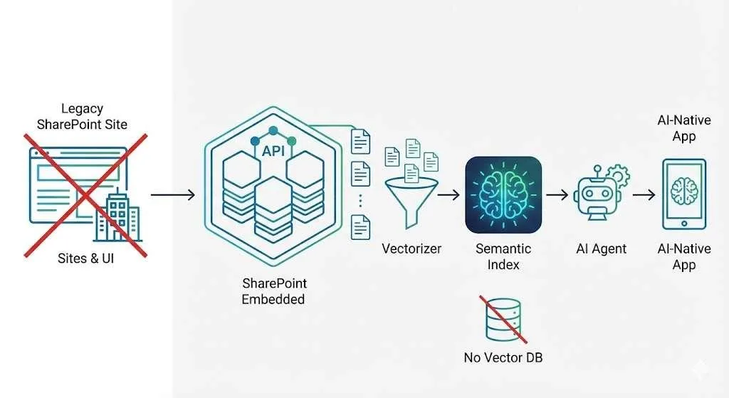 Ablaufdiagramm des Wandels von alten SharePoint Sites hin zu "SharePoint Embedded" Containern, die einen "Semantic Index" speisen.