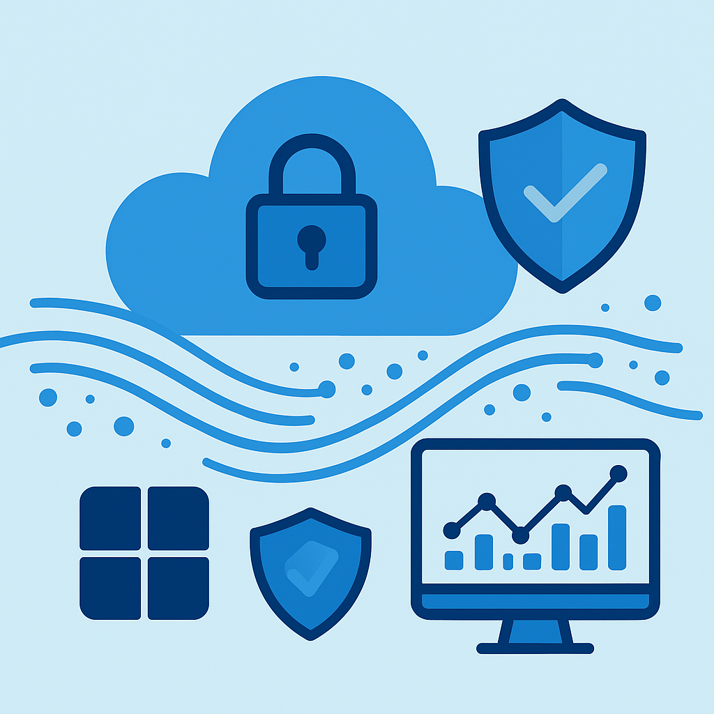 Illustration of a secured cloud with padlock, shield icon, and Microsoft 365 icon representing audit logs, SIEM integration, and DLP analytics