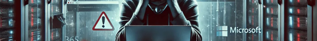 Gestresste Person vor Bildschirm mit Microsoft 365-Fehlermeldungen