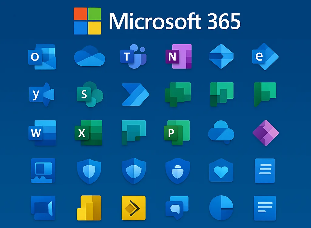 Microsoft 365 Plattform mit Symbolen für Teams, Word, Excel, Power BI und mehr