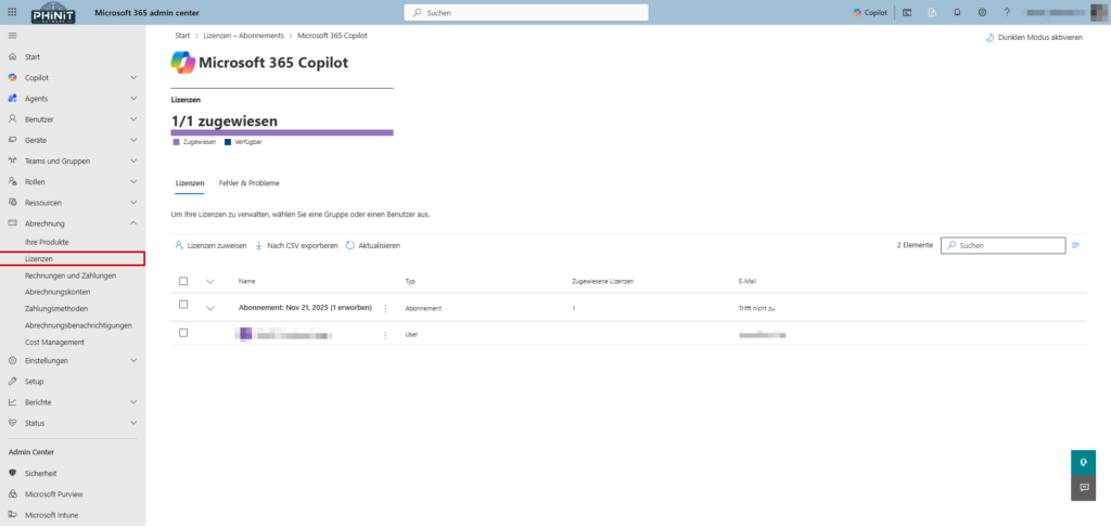 Microsoft 365 admin center view to review Copilot license assignments and service plans.
