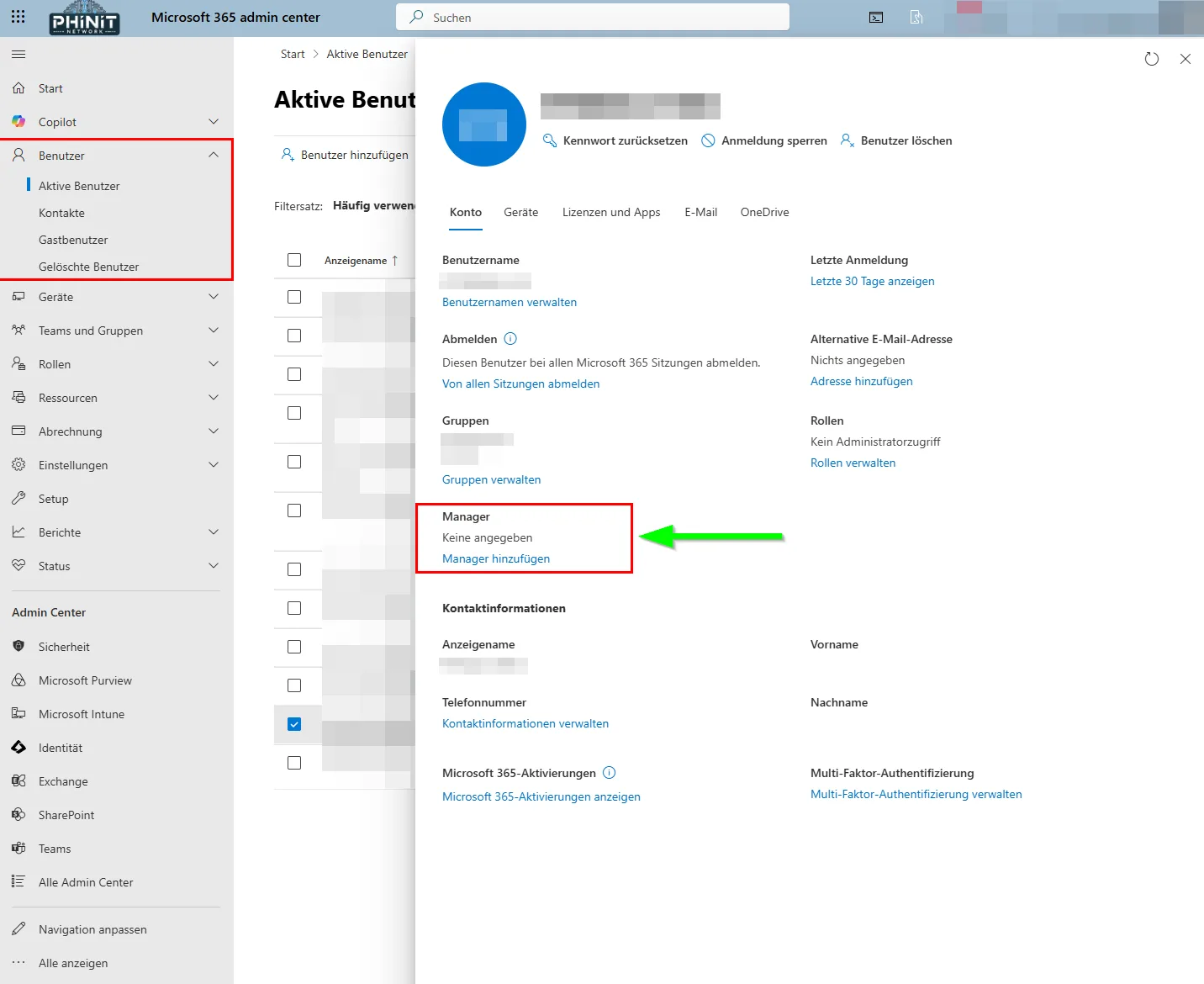 Microsoft Admin Center - Manager Feld Eigenschaft konfigurieren