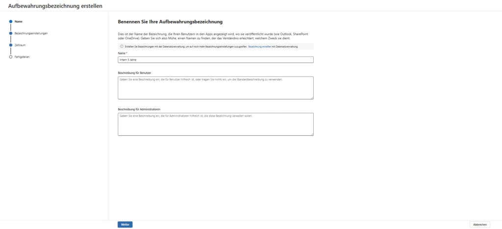 Assistent Aufbewahrungseinstellungen konfigurieren