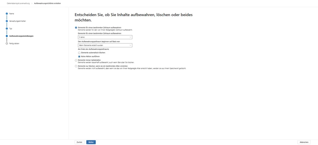 Microsoft Purview Data Lifecycle Management Aufbewahrungseinstellungen