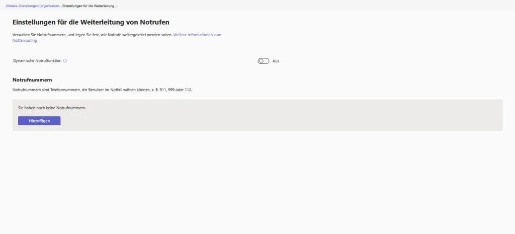Einstellungen für das Notrufrouting und die dynamische Notruffunktion.