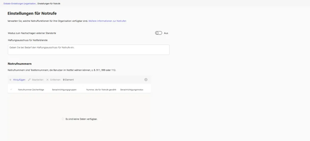 Konfigurationsseite für Notrufnummern und Benachrichtigungsgruppen im Teams Admin Center.
