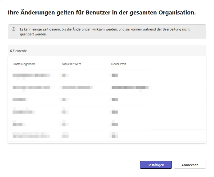 Warnhinweis im Teams Admin Center beim Speichern globaler Änderungen mit Vorher-Nachher-Vergleich.