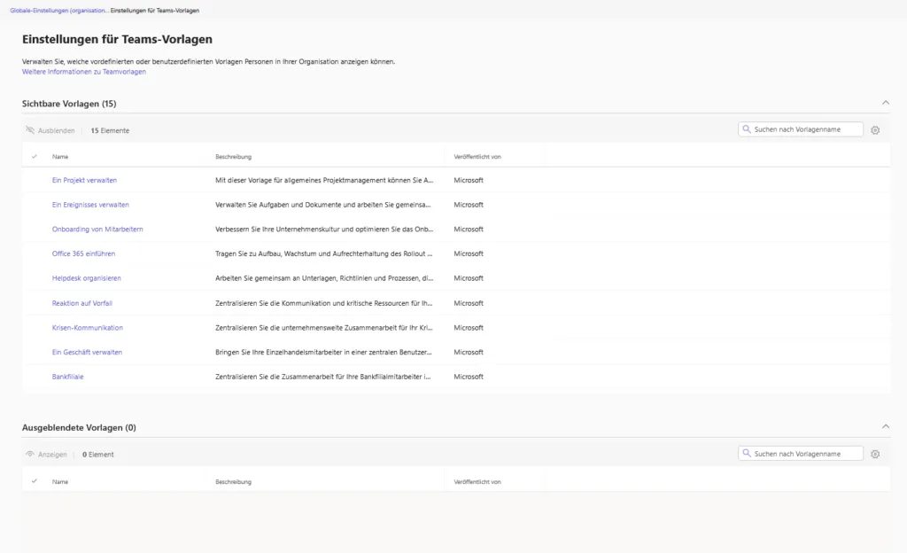 Liste der verfügbaren Teamvorlagen im Admin Center mit der Option, Vorlagen wie Bankfiliale auszublenden.
