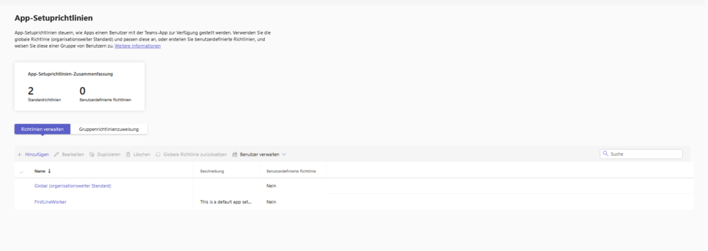 Overview of app setup policies in the Teams admin center with the default Global and FirstLineWorker policies.