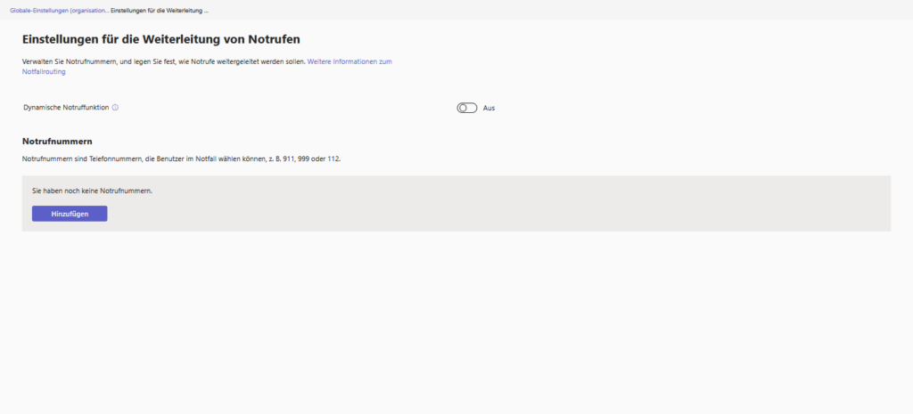 Settings for emergency call routing and dynamic emergency call function.