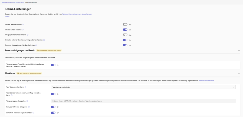 Global Teams settings for private teams, shared channels, and tagging options.