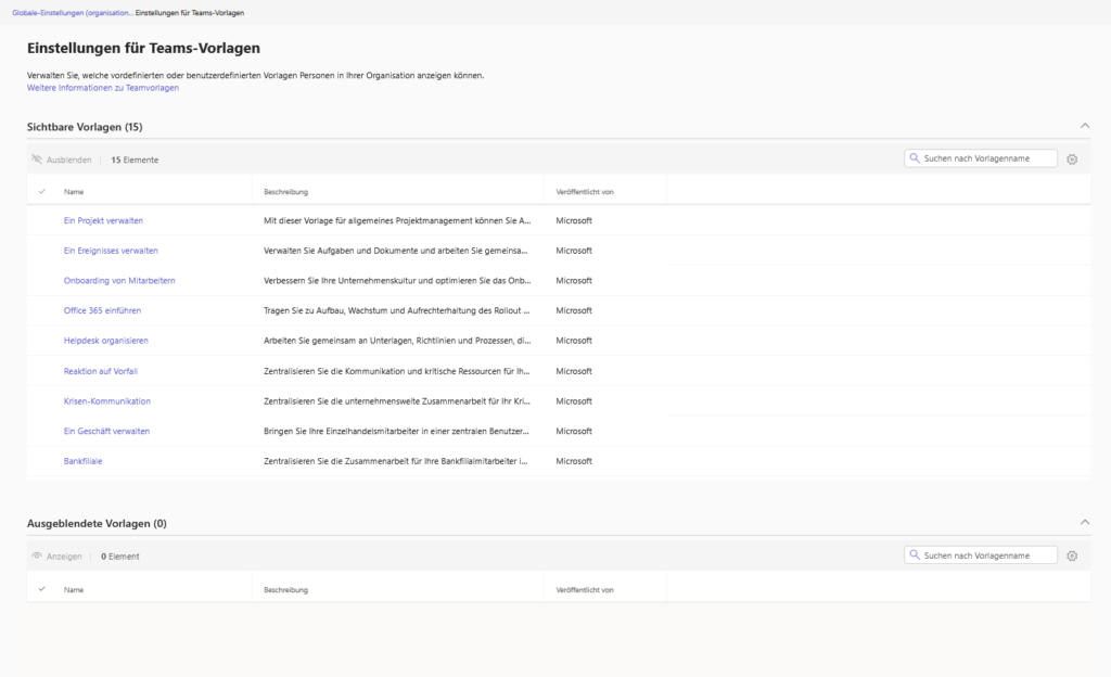 List of available team templates in the admin center with the option to hide templates such as bank branch.