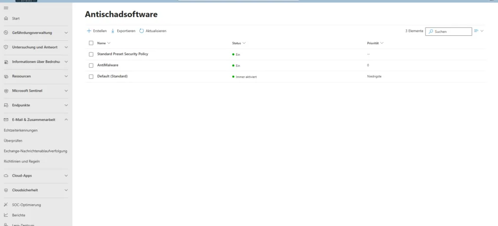 Microsoft Defender Portal Übersicht der Bedrohungsrichtlinien für Anti-Spam, Malware und DKIM.