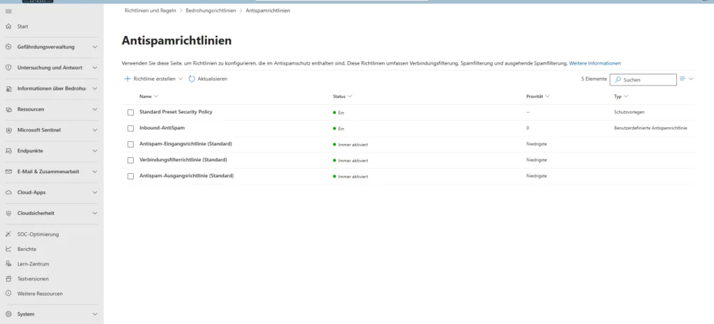 Microsoft Defender Portal Übersicht der Bedrohungsrichtlinien für Anti-Spam, Malware und DKIM.